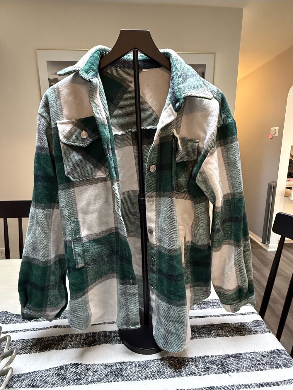 Green and White Plaid Button-Up Shirt